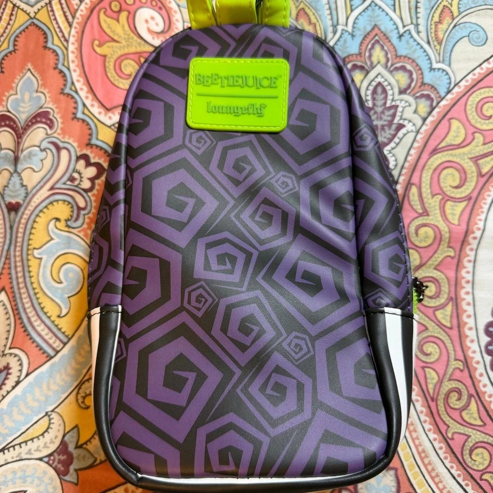 Loungefly Beetlejuice Chibi Mini Backpack Sling Bag Purple Green Striped Suit‎